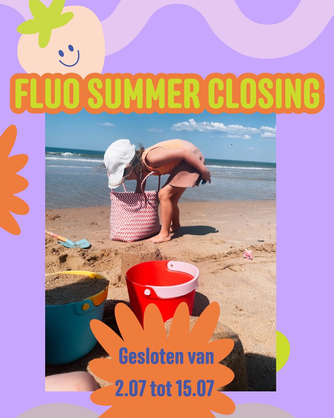 ☀️ jaarlijks verlof / kamp dagen 

Gesloten: 2-15 juli 

Tijdens de kamp weken gesloten: 28juli tem 8 augustus.

☀️✌🏻