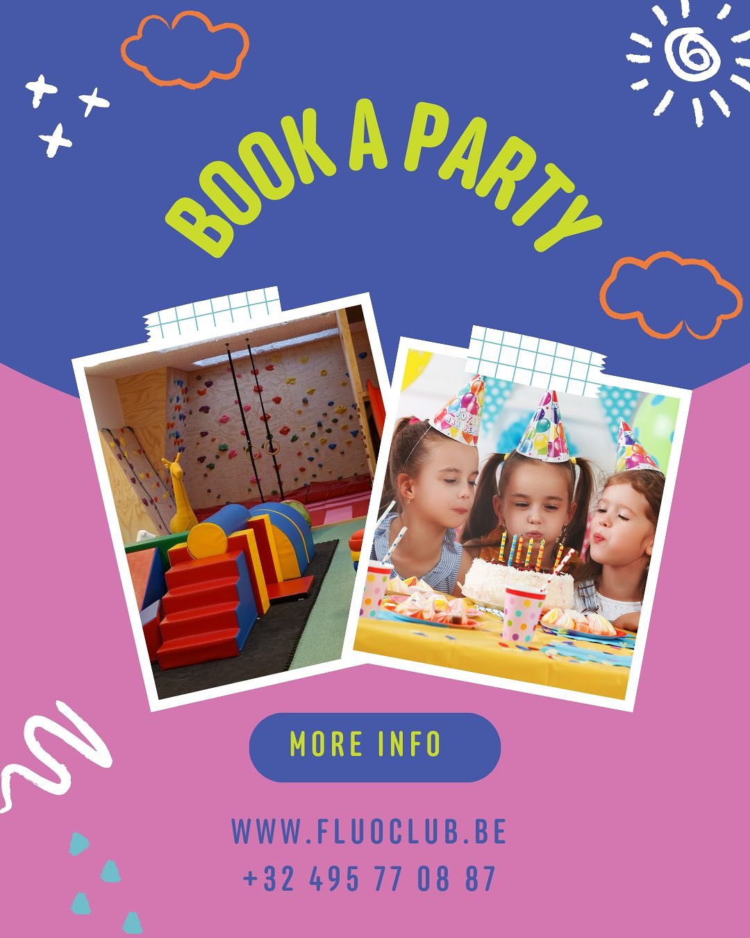 KIDS PARTY’S 🎈 

Vier je verjaardag in stijl! 🎉 Waarom je verjaardag thuis vieren als het ook in de Fluoclub kan? Geen opruimen, geen stress, alleen maar plezier! Je kan nu het laatste tijdslot tijdens het weekend reserveren. Stuur je aanvraag naar info@fluoclub.be en wij kijken of het mogelijk is. 🎂✨

🎈 Team Fluo