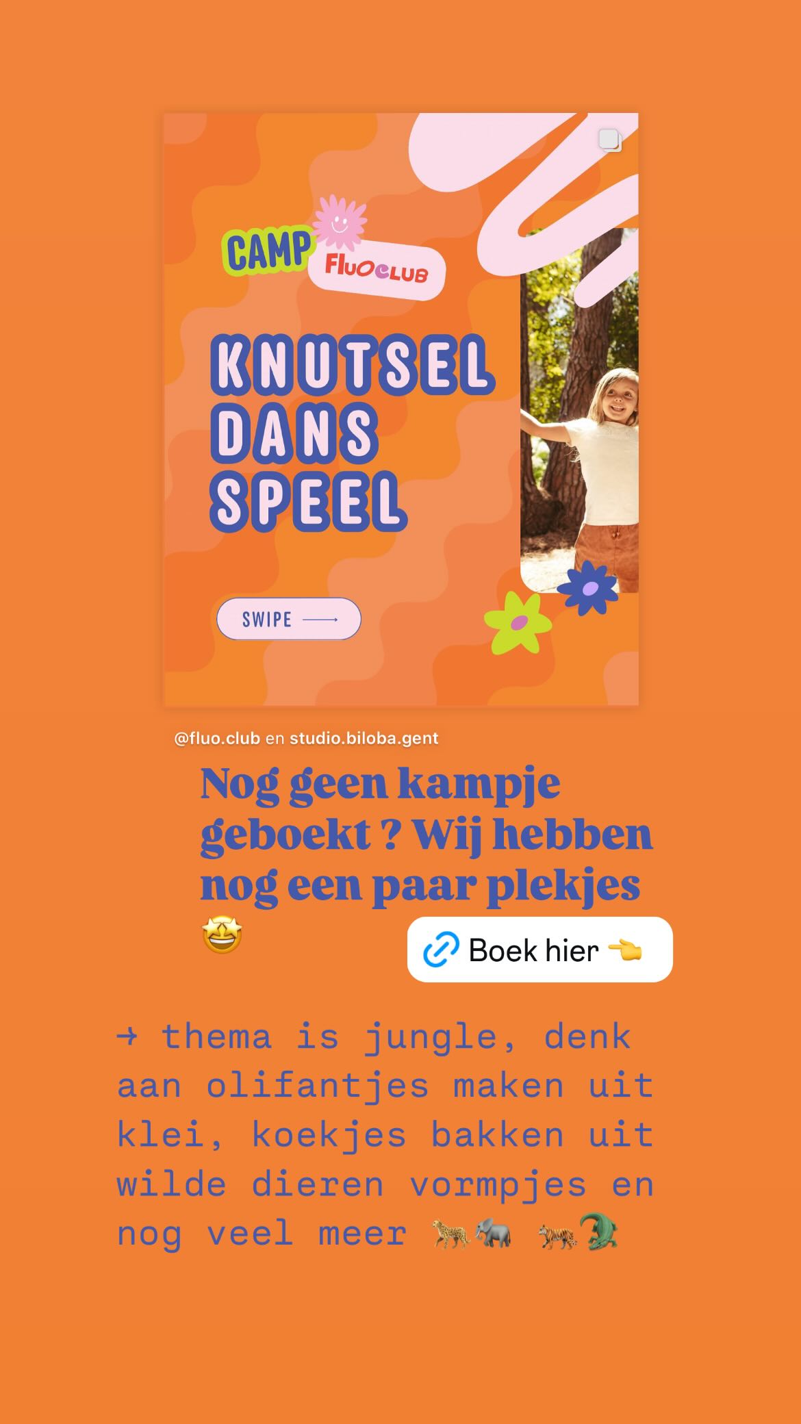 Nog geen kampje geboekt ? Wij hebben nog een paar plekjes 🤩 —> thema is jungle, denk aan olifantjes maken uit klei, koekjes bakken uit wilde dieren vormpjes en nog veel meer 🐆🐘 🐅🐊